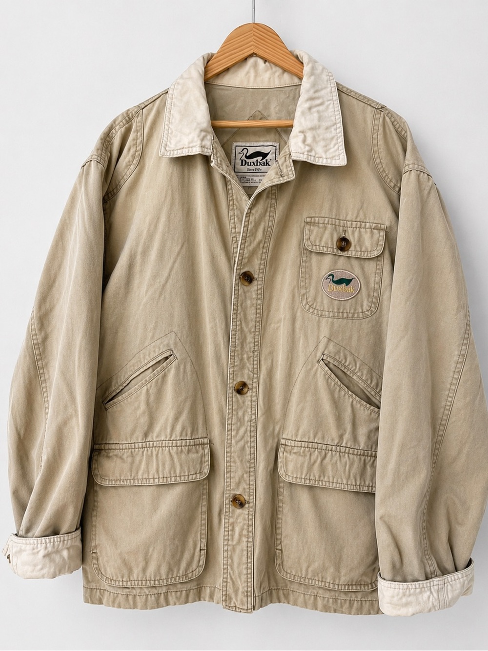 Duxbak Chore Coat Medium Tan Canvas Work Jacket Hunting Duck Patch